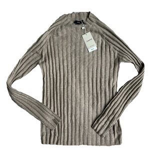 Mango MNG Women's Ribbed Long Sleeve Mock Neck Lightweight Pullover Khaki Size L